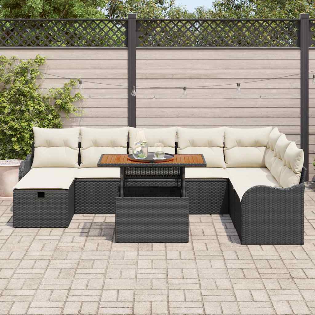 Garten-Sofa-Set mit Kissen 9 pcs Schwarz Poly Rattan